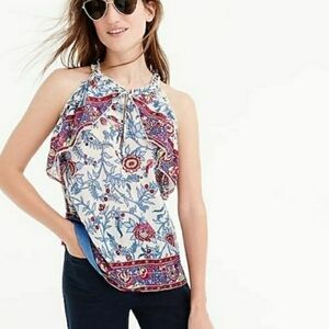 NEW Point Sur J.Crew Ruffle Block Print Tank Top 00 White Maroon Blue Blouse NWT
